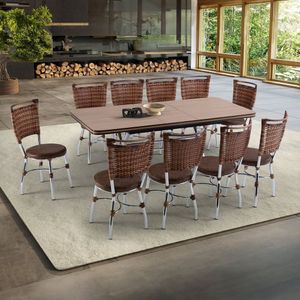 Conjunto Sala De Jantar Mesa Elástica Com 10 Cadeiras Fort Brastubo Cromado Amadeirado Claro Café
