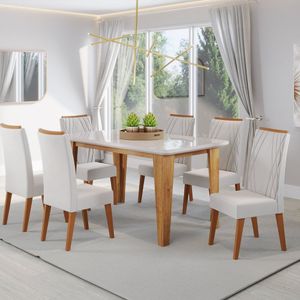 Mesa De Jantar Retangular Dakar 1,60x90 Com Vidro E 6 Cadeiras Vegas Em Madeira Maciça Mel- Off White-marfim
