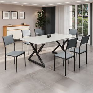 Conjunto Sala De Jantar Mesa 160x90cm Base Império Tampo Mdf Laca Com Vidro Florença Grafite Preto