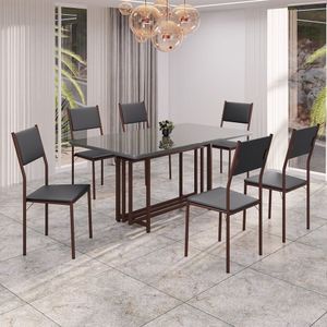 Conjunto Sala De Jantar Mesa 160cm X 90cm Base Pérola Tampo Mdf Laca Com Vidro Florença Preto - Marrom