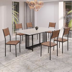 Conjunto Sala De Jantar Mesa 160cm X 90cm Base Pérola Tampo Mdf Laca Com Vidro Florença Marrom - Preto