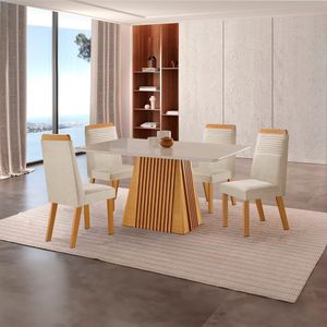 Conjunto De Jantar Mesa áustria 120cmx80cm Tampo MDF Vidro Com 4 Cadeiras Catar Yescasa Castanho Cinamomo Creme Off