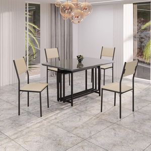 Conjunto Sala De Jantar Mesa 120cm X 90cm Base Pérola Tampo Mdf Laca Com Vidro Florença Creme - Preto