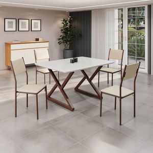Conjunto Sala De Jantar Mesa 120x90cm Base Império Tampo Mdf Laca Com Vidro Florença Creme Marrom