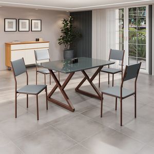 Conjunto Sala De Jantar Mesa 120x90cm Base Império Tampo Mdf Laca Com Vidro Florença Grafite Marrom