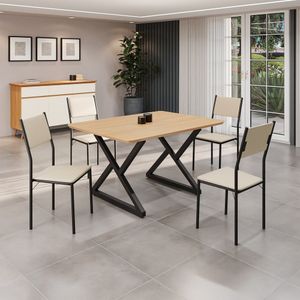 Conjunto Sala De Jantar Mesa 120x90cm Base Império Tampo Mdf Florença Creme Preto