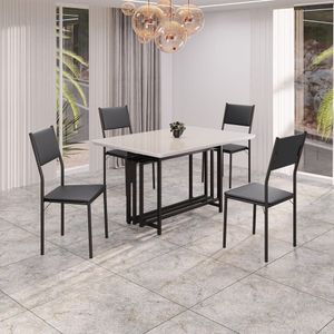 Conjunto Sala De Jantar Mesa 120x90cm Base Pérola Tampo Mdf Laca Com Vidro Florença Preto
