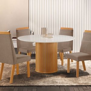 Conjunto De Jantar Mesa Dara 1,10 X 1,10 Tampo MDF Vidro Com 4 Cadeiras Catar Castanho Cinamomo - Capuccino - Off White