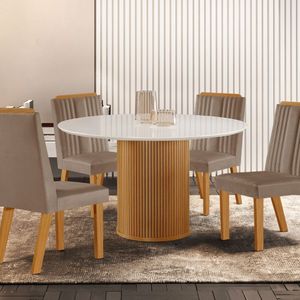 Conjunto De Jantar Mesa Dara 1,10 X 1,10 Tampo MDF Vidro Com 4 Cadeiras Florença Castanho Cinamomo - Capuccino - Off