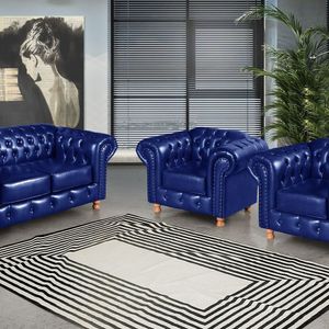 Conjunto De Sofá Luís Xv 2 Lugares + 2 Poltronas Chesterfield Capitonê Azul