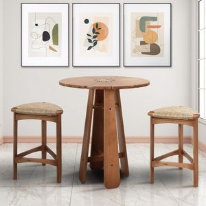 Conjunto Mesa Bistrô Dália ø80 Tampo Madeira E 04 Banquetas Alta Em Madeira De Eucalipto Marrom