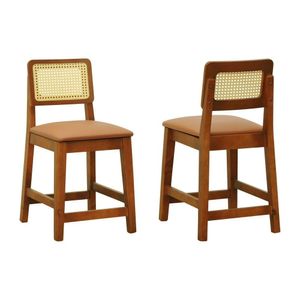 Kit 2 Banquetas Baixa-cadeiras Gabi Madeira Maciça Encosto Telinha Assento Estofado Corano Amêndoa-caramelo