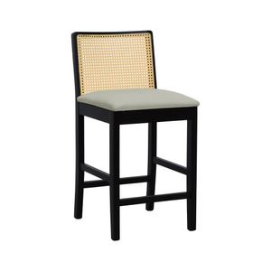Banqueta Média Pérola Com 62cm Altura Madeira Maciça Encosto Telinha Assento Estofado Linho Preto-bege