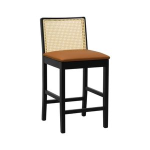 Banqueta Média Pérola Com 62cm Altura Madeira Maciça Encosto Telinha Assento Estofado Corano Preto-caramelo