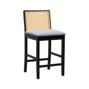 Banqueta Média Pérola Com 62cm Altura Madeira Maciça Encosto Telinha Assento Estofado Linho Preto-bege