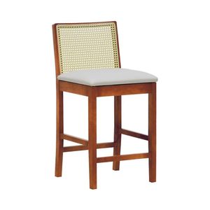 Banqueta Média Pérola Com 62cm Altura Madeira Maciça Encosto Telinha Assento Estofado Corano Amêndoa- Bege
