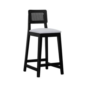 Banqueta Gabi Com 68cm Altura Madeira Maciça Encosto Telinha Assento Estofado Linho Preto-branco