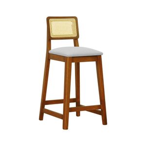 Banqueta Gabi Com 68cm Altura Madeira Maciça Encosto Telinha Assento Estofado Linho Amêndoa-cinza