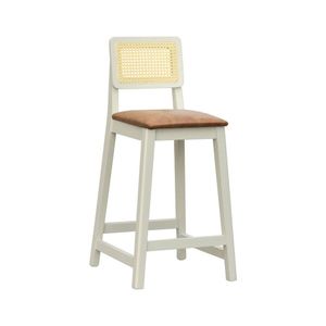 Banqueta Gabi 68cm Altura Madeira Maciça Encosto Telinha Assento Estofado Corano Off White-marrom
