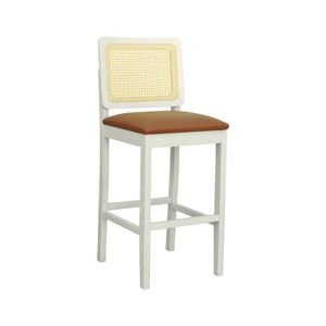 Banqueta Alta Bistrô Lyon Madeira Maciça Encosto Telinha Assento Estofado Corano Off-white-caramelo