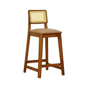Banqueta Gabi 68cm Altura Madeira Maciça Encosto Telinha Assento Estofado Corano Amêndoa-caramelo