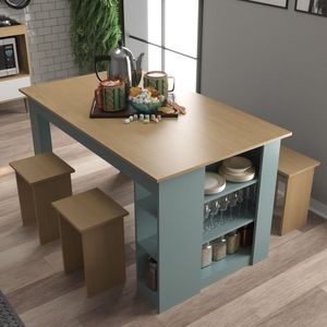 Mesa 140 Cm Com 4 Banquetas E Prateleira Esmeralda Nogal- Cinza