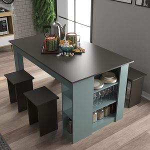 Mesa 140 Cm Com 4 Banquetas E Prateleira Esmeralda Grafite -cinza
