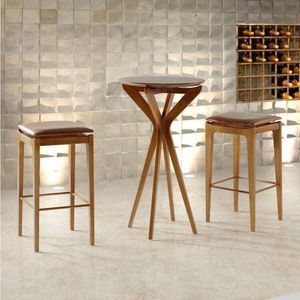Conjunto Madeira Maciça Mesa Bistrô 60 Cm + 2 Banquetas Assento Estofado E Suporte Para Pés Freijó