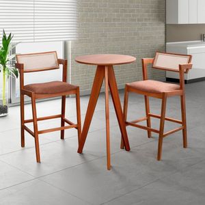Conjunto De Mesa Bistrô Nápoles Com 2 Banquetas Em Madeira Maciça, Estofada E Rattan De Fibra 100% N