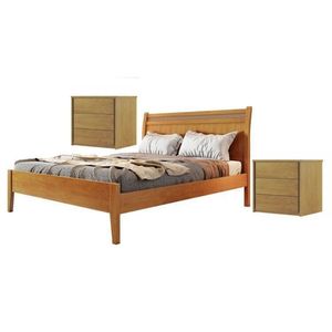 Conjunto Quarto De Casal Cama Em Madeira Maciça Rattan E 2 Mesas De Cabeceira 3 Gavetas Unique Amêndoa Mel