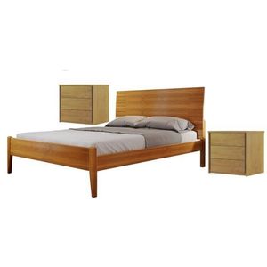 Conjunto Quarto De Casal Cama Com Detalhe Na Cabeceira E 2 Mesas De Cabeceira 3 Gavetas Amêndoa Mel
