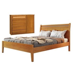 Conjunto Quarto De Casal Cama Madeira Maciça Rattan 140cm E Cômoda Rattan 5 Gavetas Com Sapateira Amêndoa Mel