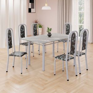 Conjunto De Mesa Retangular 140x75cm Tampo Granito Topázio 6 Cadeiras Lavínea Preto Floral Mart Pérola
