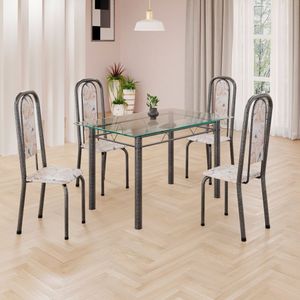 Conjunto De Mesa Retangular A 120x75cm Tampo De Vidro 4 Cadeiras Lavínea Botanic Bege Mart Prata