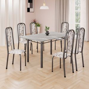 Conjunto De Mesa Retangular 140x75cm Tampo Granito Topázio 6 Cadeiras Lavínea Arabesco Mart Prata