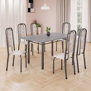 Conjunto De Mesa Retangular 140x75cm Tampo Granito Ocre 6 Cadeiras Lavínea Botanic Bege Mart Prata