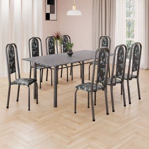 Conjunto De Mesa Retangular A 180x75cm Tampo Granito Ocre 8 Cadeiras Lavínea Preto Floral Mart Prata