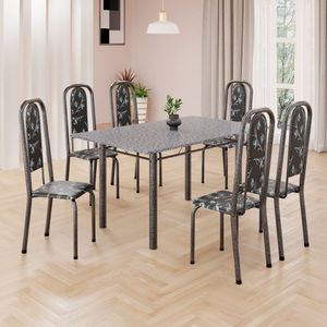 Conjunto De Mesa Retangular A 140x75cm Tampo Granito Ocre 6 Cadeiras Lavínea Preto Floral Mart Prata