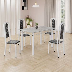 Conjunto De Mesa Retangular 120x75cm Tampo Granito Topázio 4 Cadeiras Lavínea Preto Floral Branco