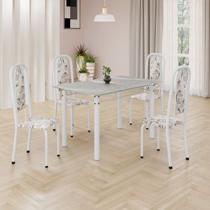 Conjunto De Mesa Retangular 120x75cm Tampo Granito Topázio 4 Cadeiras Lavínea Arabesco Branco