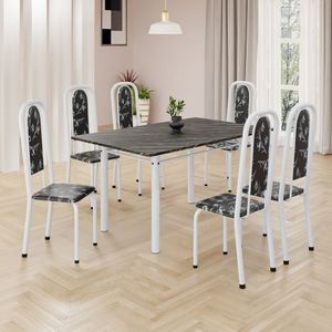 Conjunto De Mesa Retangular 140x75cm Tampo Ardósia Indiano 6 Cadeiras Lavínea Preto Floral Branco