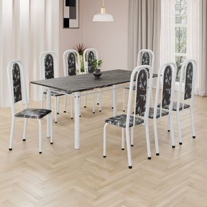 Conjunto De Mesa Retangular 180x75cm Tampo Ardósia Indiana 8 Cadeiras Lavínea Preto Floral Branco