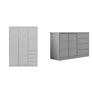 Conjunto Quarto Infantil Com Guarda Roupa 3 Portas 4 Gavetas e Cômoda Pérola Cinza