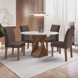 Conjunto Mesa Barcelona 100cmx100cm 4 Cadeiras Espanha Tampo Slim Plus Redondo Yescasa Chocolate Off White Marrom
