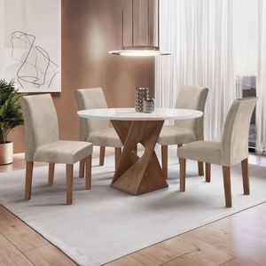 Conjunto Mesa Barcelona 100cmx100cm 4 Cadeiras Espanha Tampo Slim Plus Redondo Vidro Yescasa Chocolate Off White Bege