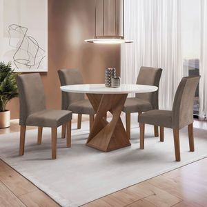 Conjunto Mesa Barcelona 100cmx100cm 4 Cadeiras Espanha Tampo Slim Plus Redondo Vidro Yescasa Chocolate Off White Bege
