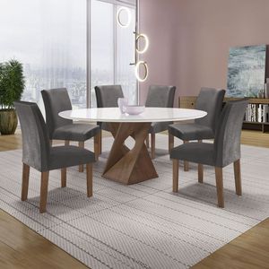 Conjunto Mesa Barcelona 120cmx120cm 6 Cadeiras Espanha Tampo Plus Redondo Vidro Yescasa Chocolate Off White Cinza