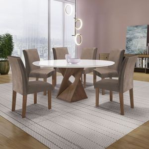 Conjunto Mesa Barcelona 120cmx120cm 6 Cadeiras Espanha Tampo Plus Redondo Vidro Yescasa Chocolate Off White Bege Escuro