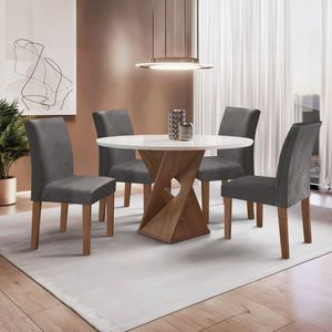 Conjunto Mesa Barcelona 100cmx100cm 4 Cadeiras Espanha Tampo Slim Plus Redondo Vidro Yescasa Chocolate Off White Cinza