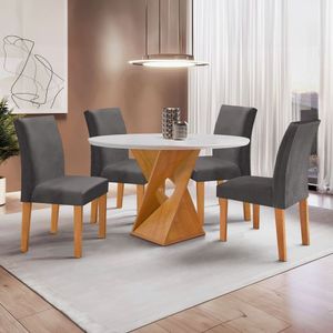 Conjunto Mesa Barcelona 100cmx100cm 4 Cadeiras Espanha Tampo Slim Plus Redondo Yescasa Cinamomo Off White Cinza
